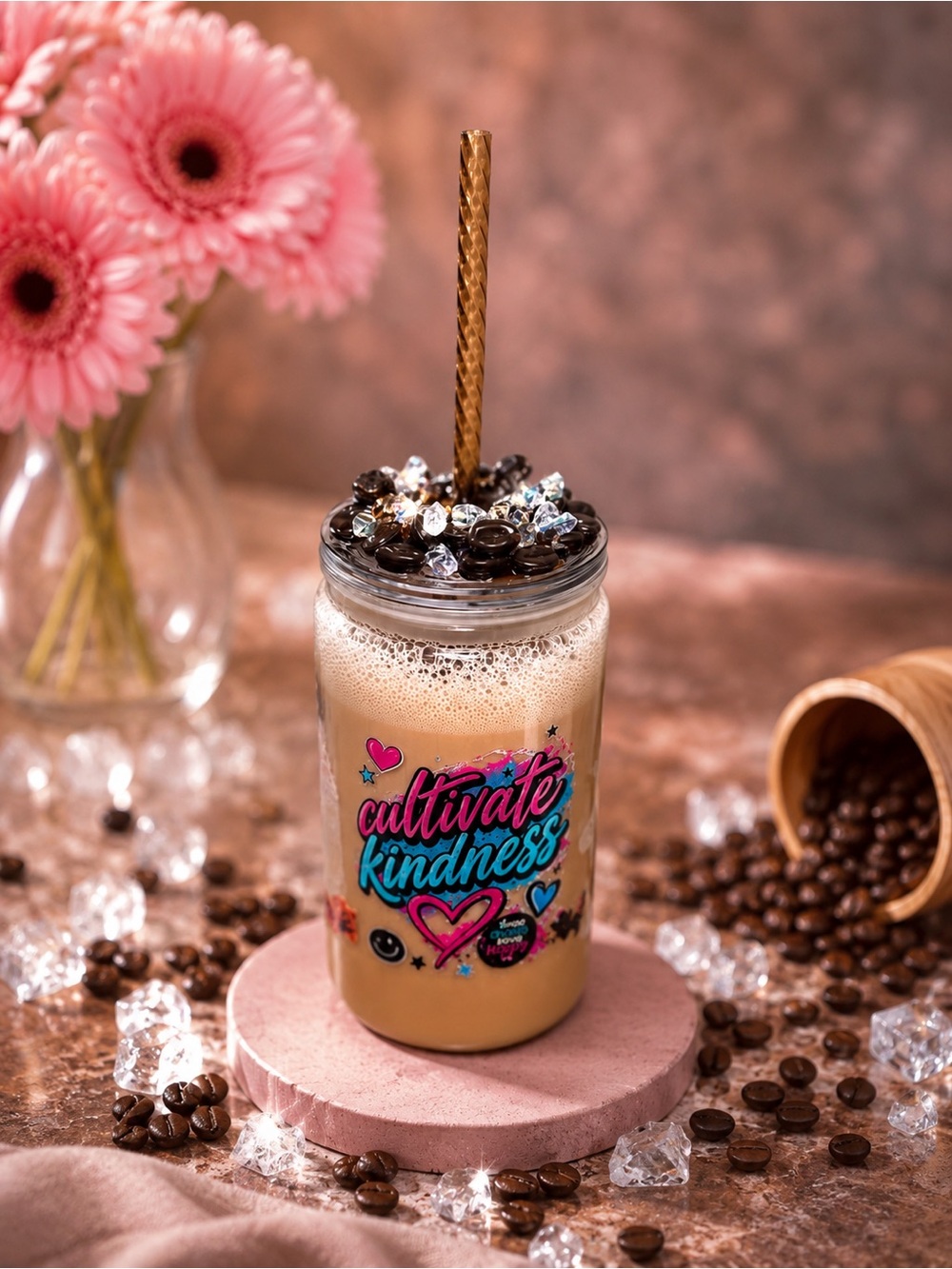 Cultivate Kindness Pink & Blue Reusable Iced Coffee Tumbler